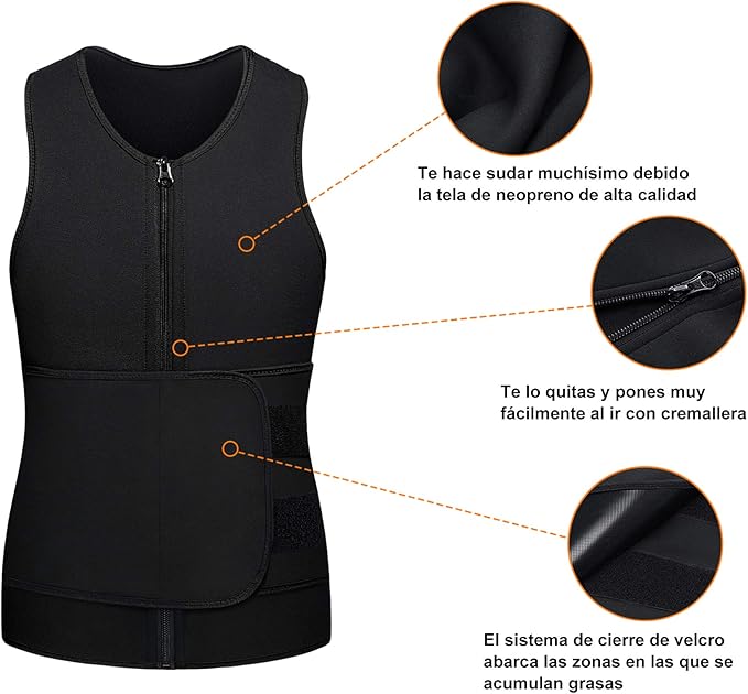 Colete com efeito sauna para homem e fecho frontal para fitness e ginásio