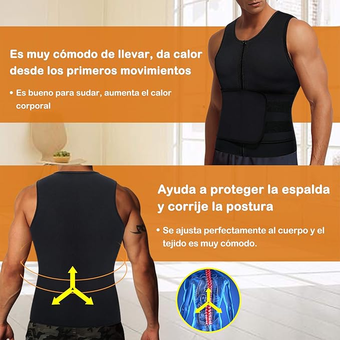 Faja chaleco efecto sauna para hombre cremallera frontal fitness gym