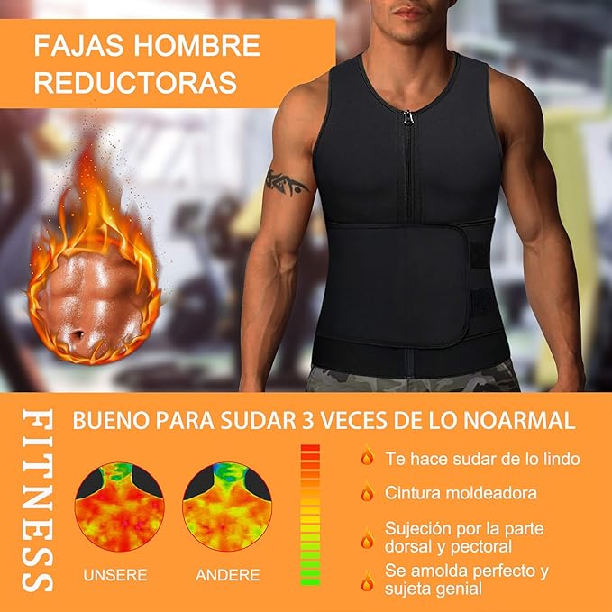 Faja chaleco efecto sauna para hombre cremallera frontal fitness gym