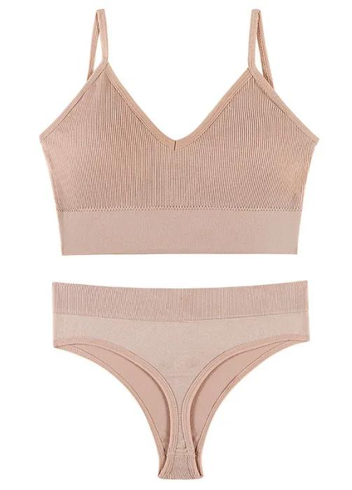 Set conjunto de ropa interior sin costuras con top y tanga - m / beige