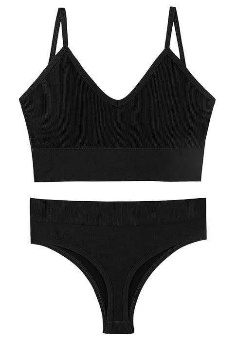 Set conjunto de ropa interior sin costuras con top y tanga - m / negro